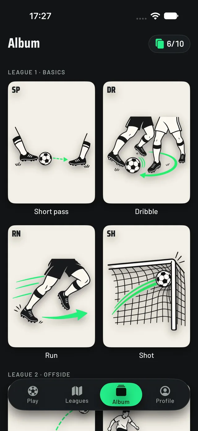 Album tab with League 1 cards: Short pass, Dribble, Run and Shot