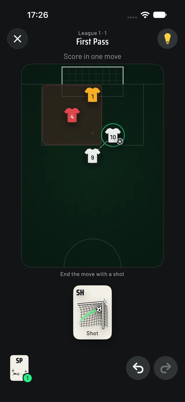 The move strip with a short pass played and the Shot card next in hand